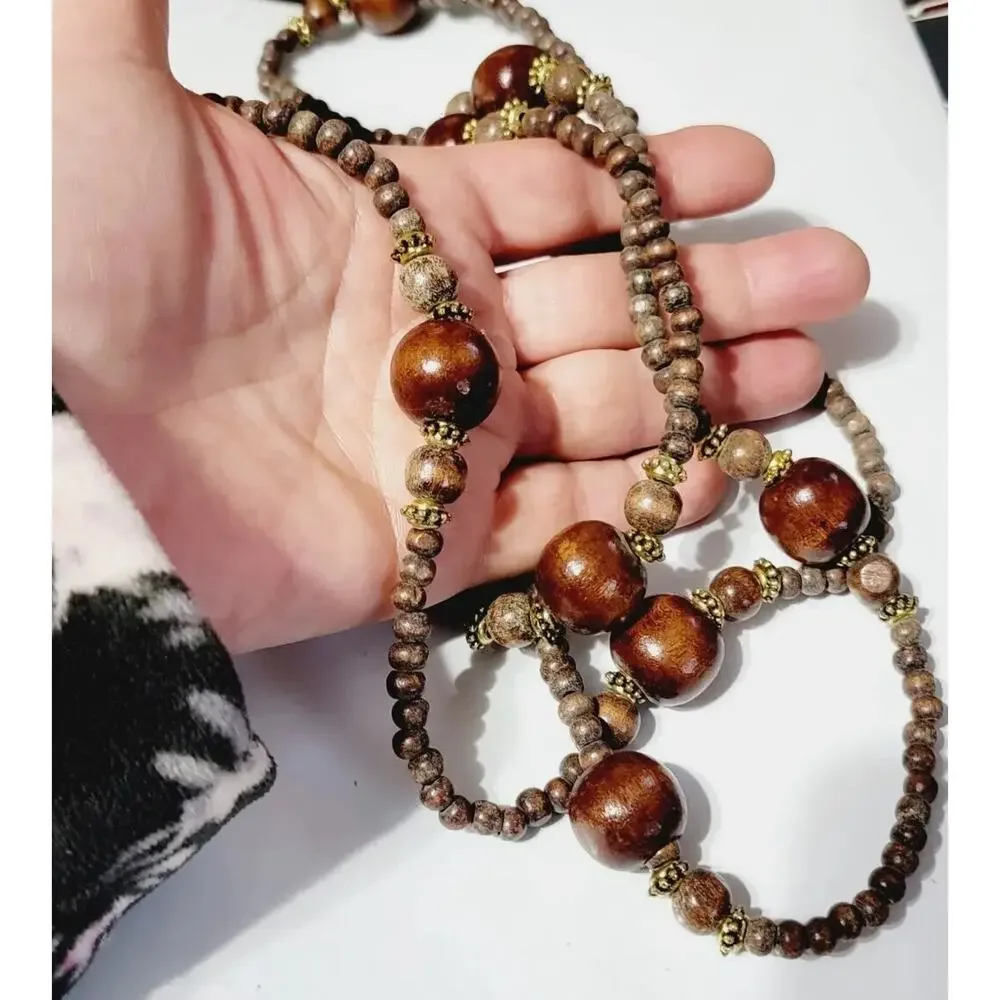 Vintage Long Wood Beaded Necklace 54” Boho Dark Brown‎ Gold-tone Tribal br01-09